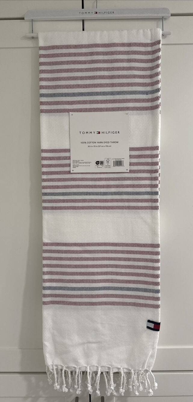 Tommy Hilfiger LIDO STRIPE 100% Cotton Woven Fringed Throw Blanket Nautical NEW
